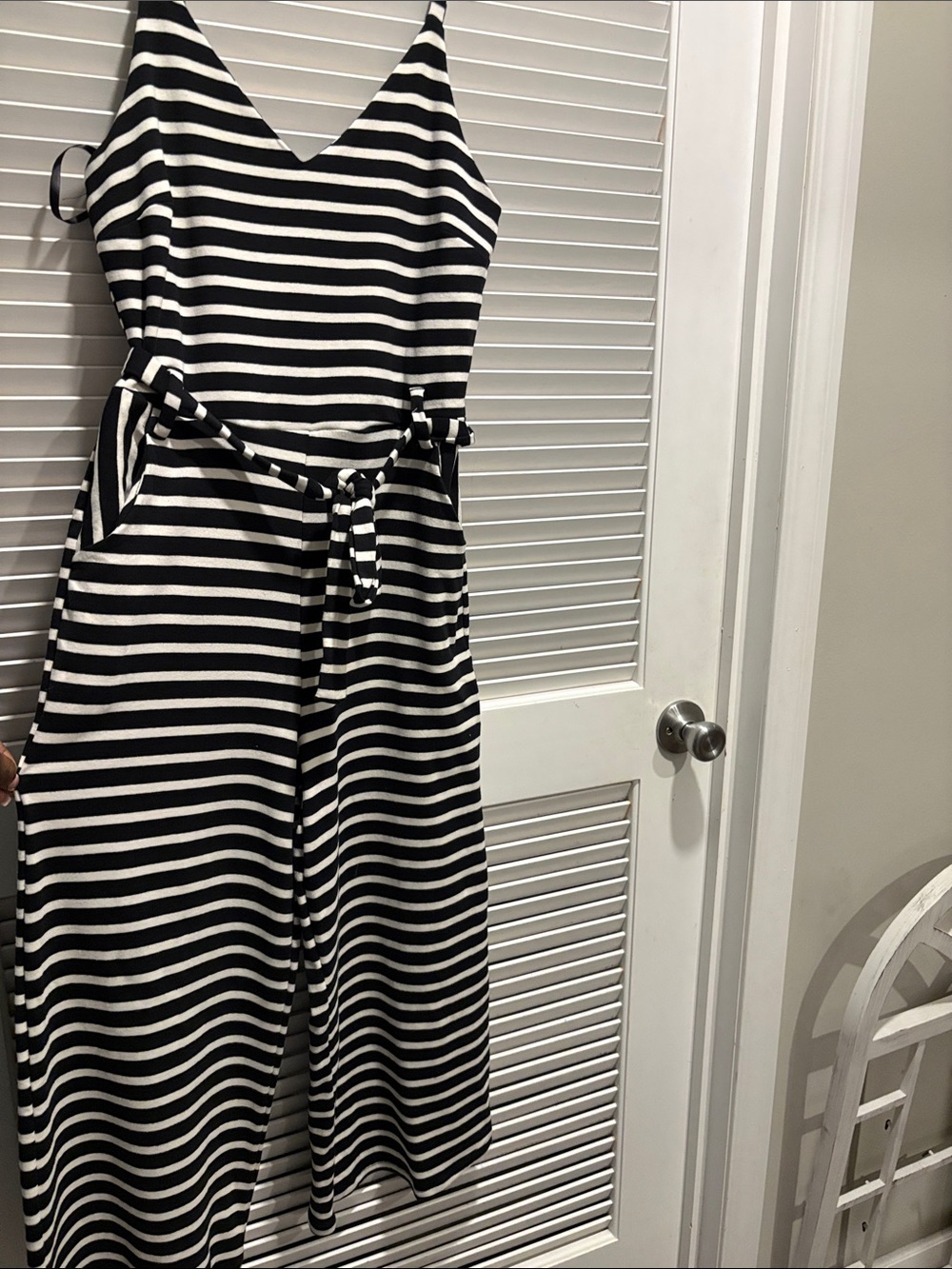 Black & White Striped V-Neck Sleeveless Jumpsuit with Tie Waist